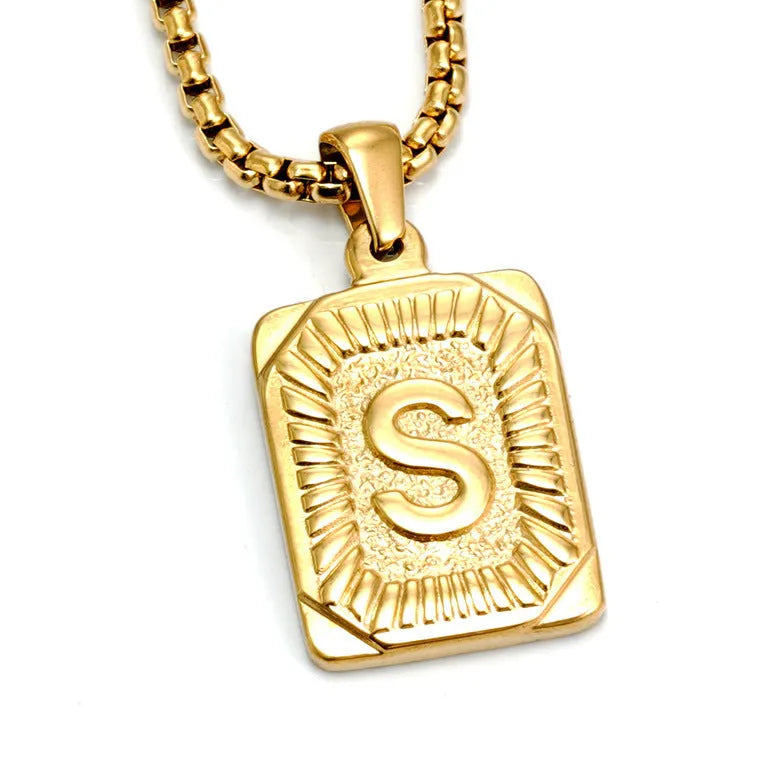 Gold-plated 18K titanium steel letter pendant necklace with pearl chain, gold colour, unisex design