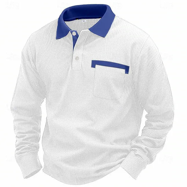 Man wearing a long-sleeved waffle-texture polo shirt in a solid colour with an asymmetric design detail.