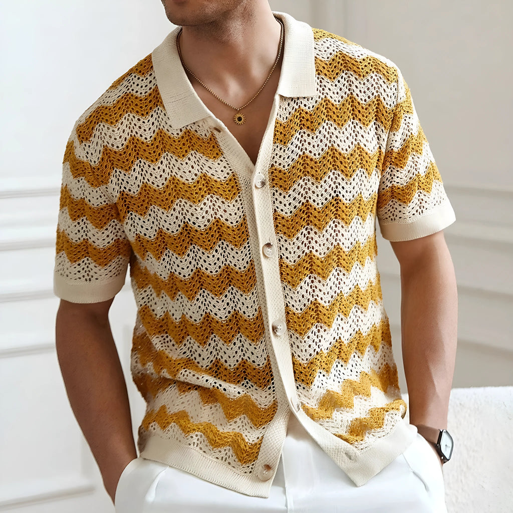 Men's blue short sleeve sweater with textured hollow jacquard corrugated pattern
