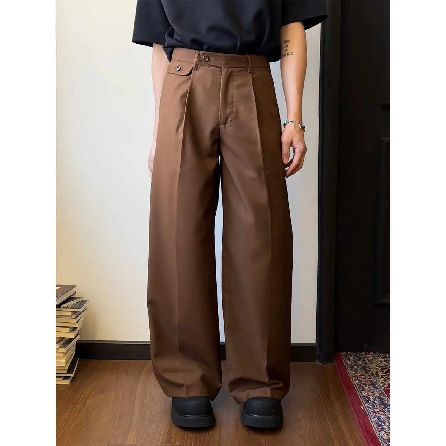 Men's brown straight-leg casual suit pants with loose wide-leg design