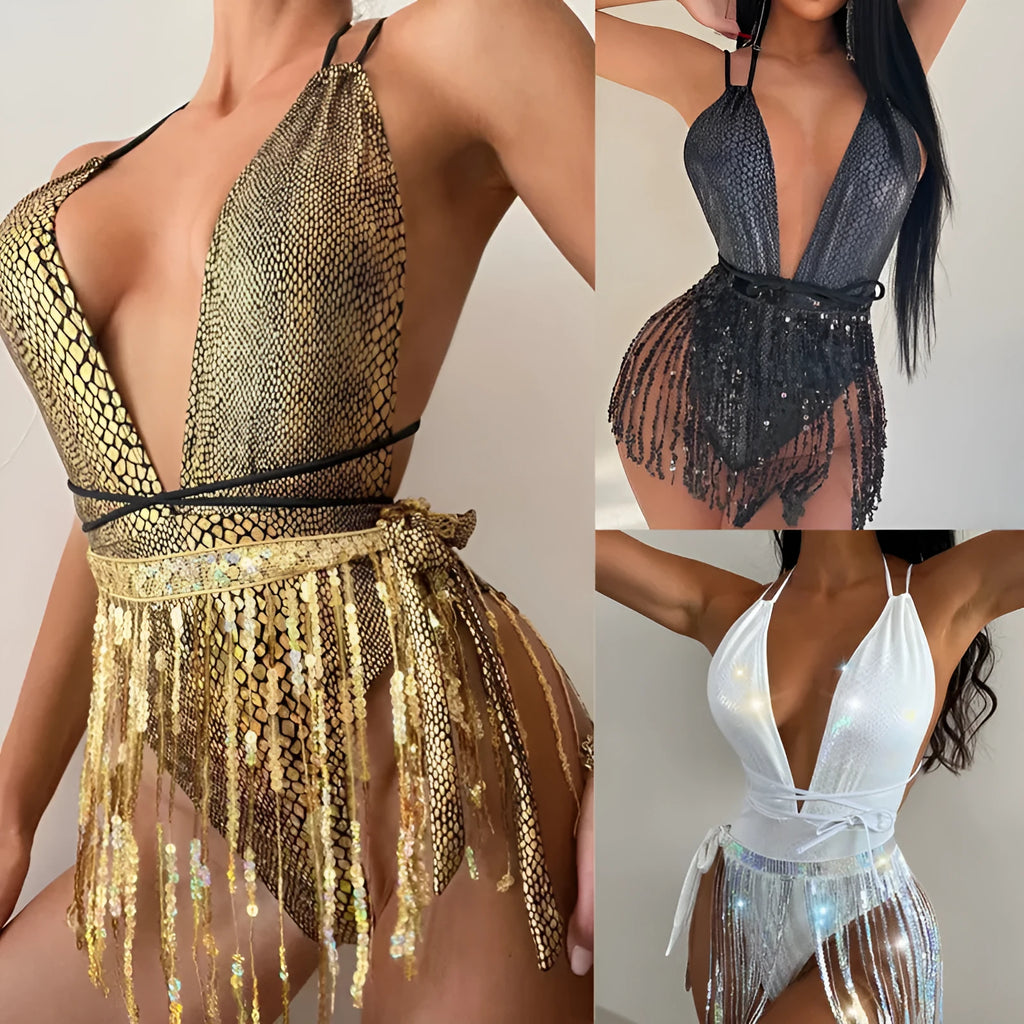 Nightclub Hot Girl tassel one-piece swimsuit in solid colour, backless design, high elasticity, women's swimwear
