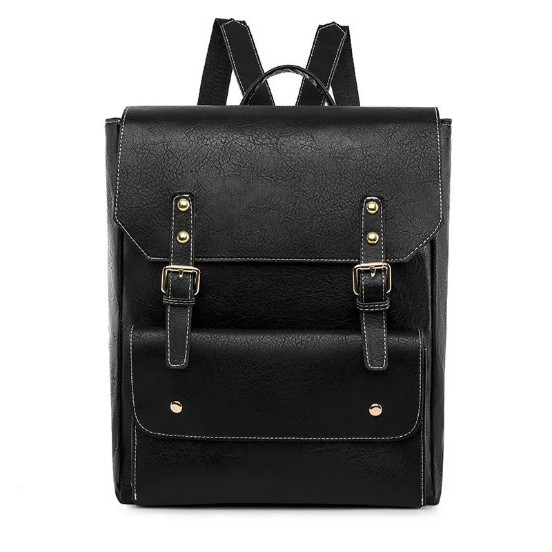 Korean style retro backpack in soft PU material showing ventilation features and available colour options