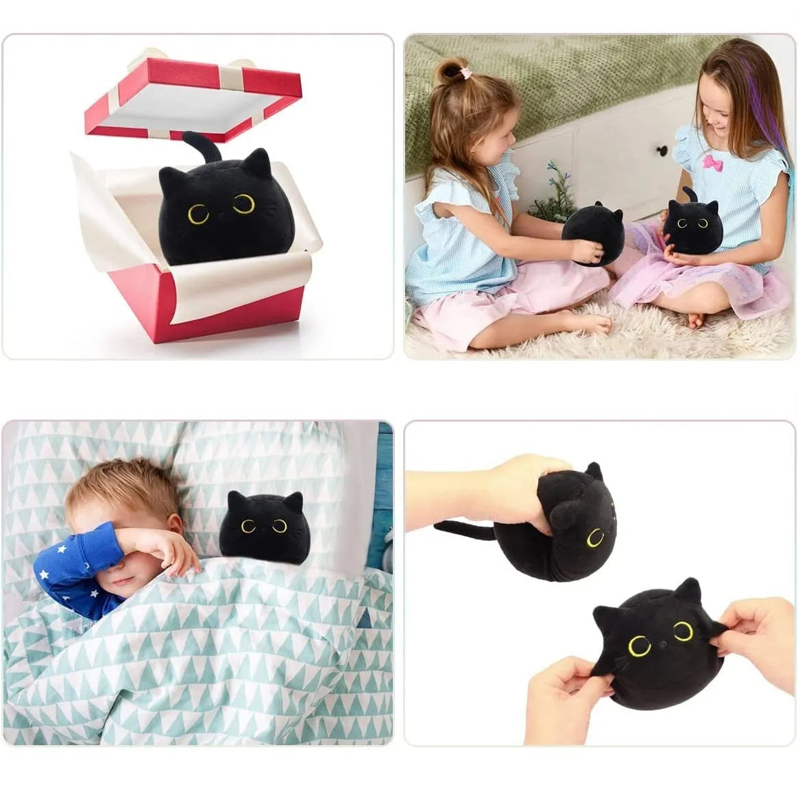 Black cat plush toy with fluffy fur and cushion design for napping