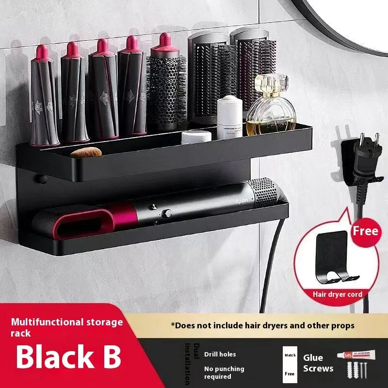 Aluminium punch-free bathroom storage rack holding 7 hair curlers in Marcel waver shape