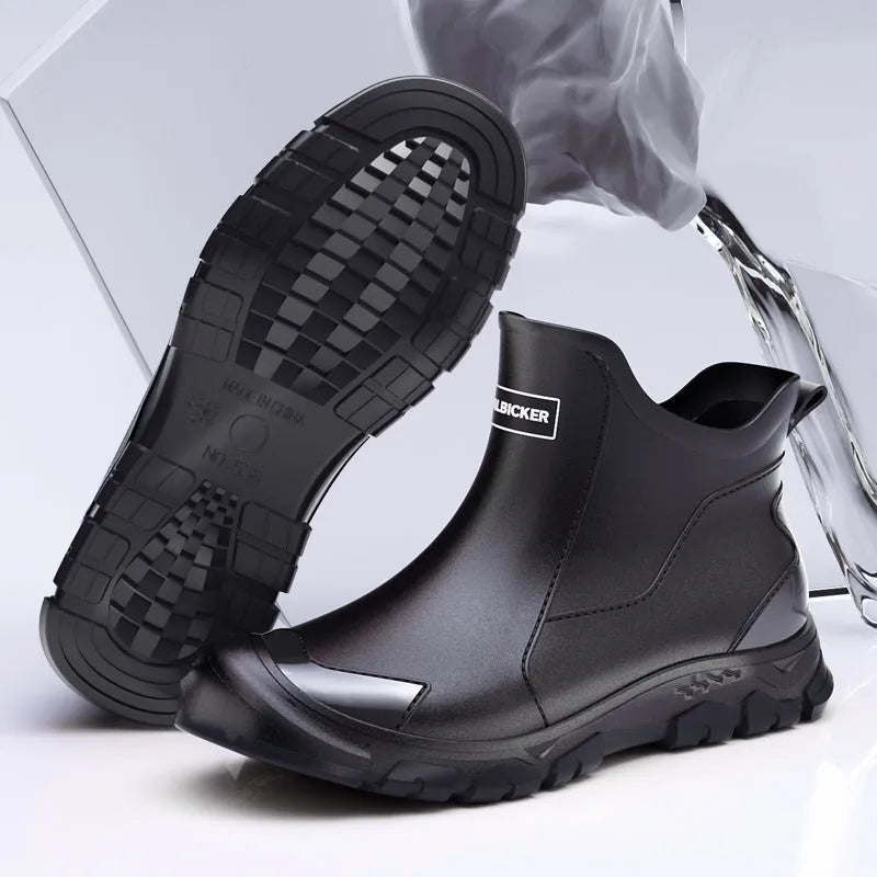PVC outdoor wading boots in beige and black with red, showing round toe and non-slip plastic sole.