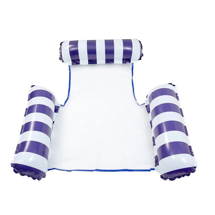 Striped inflatable floating bed in light blue and white, 124x99cm, on pool water surface