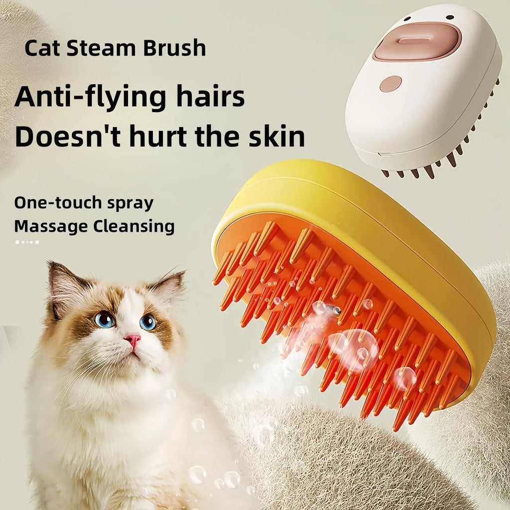 White and yellow rechargeable steam brush for grooming cats and dogs on a plain background