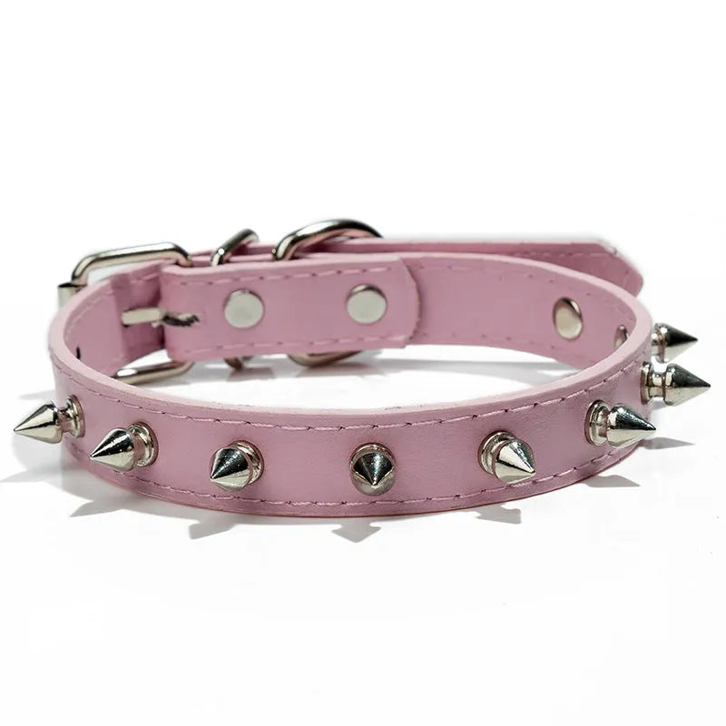 Colourful studded dog collar with metal spikes on thickened PU leather, showing alloy metal fastener and six colour options