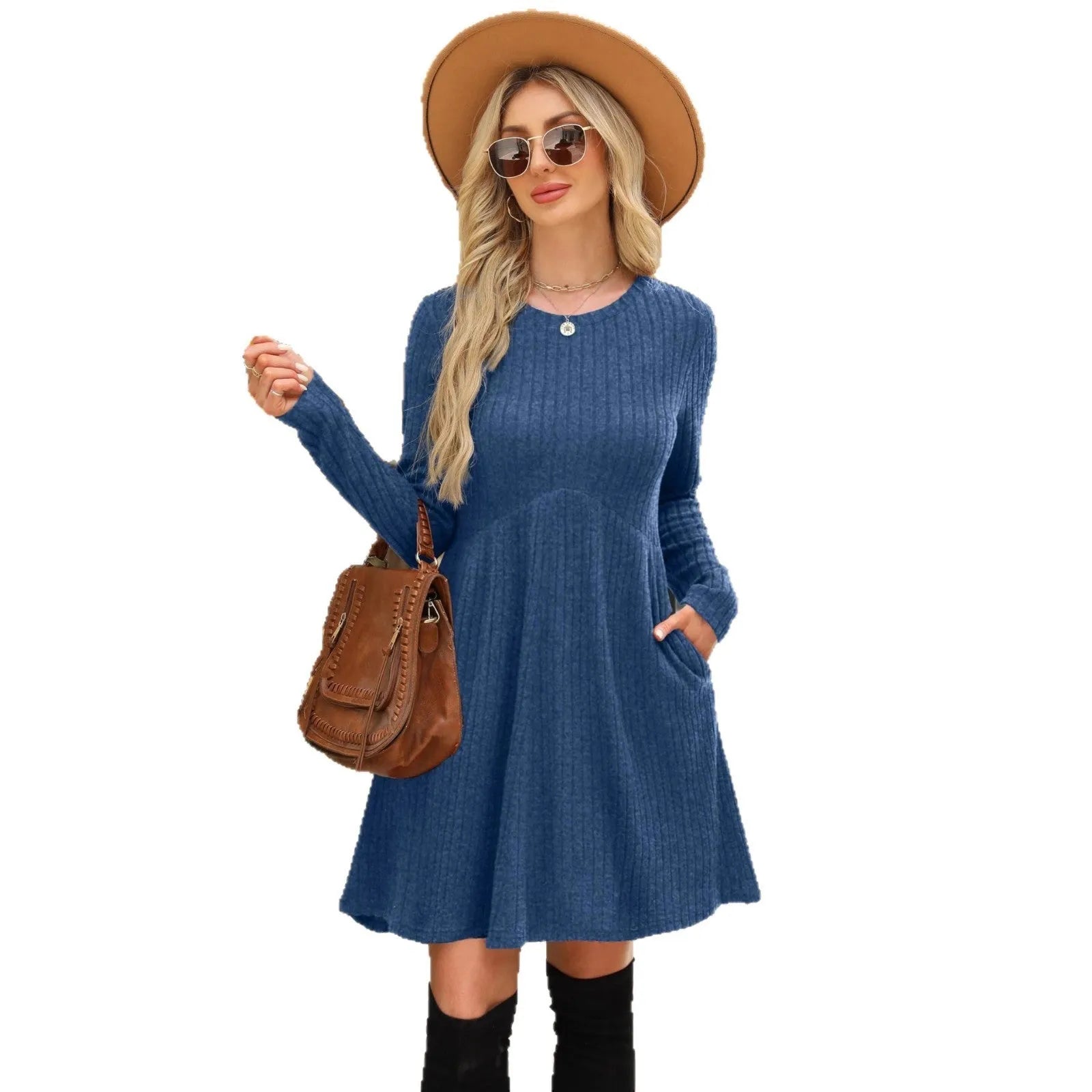 Women's bohemian brushed sunken stripe midi dress in apricot, wide waist, solid colour stitching detail, front view