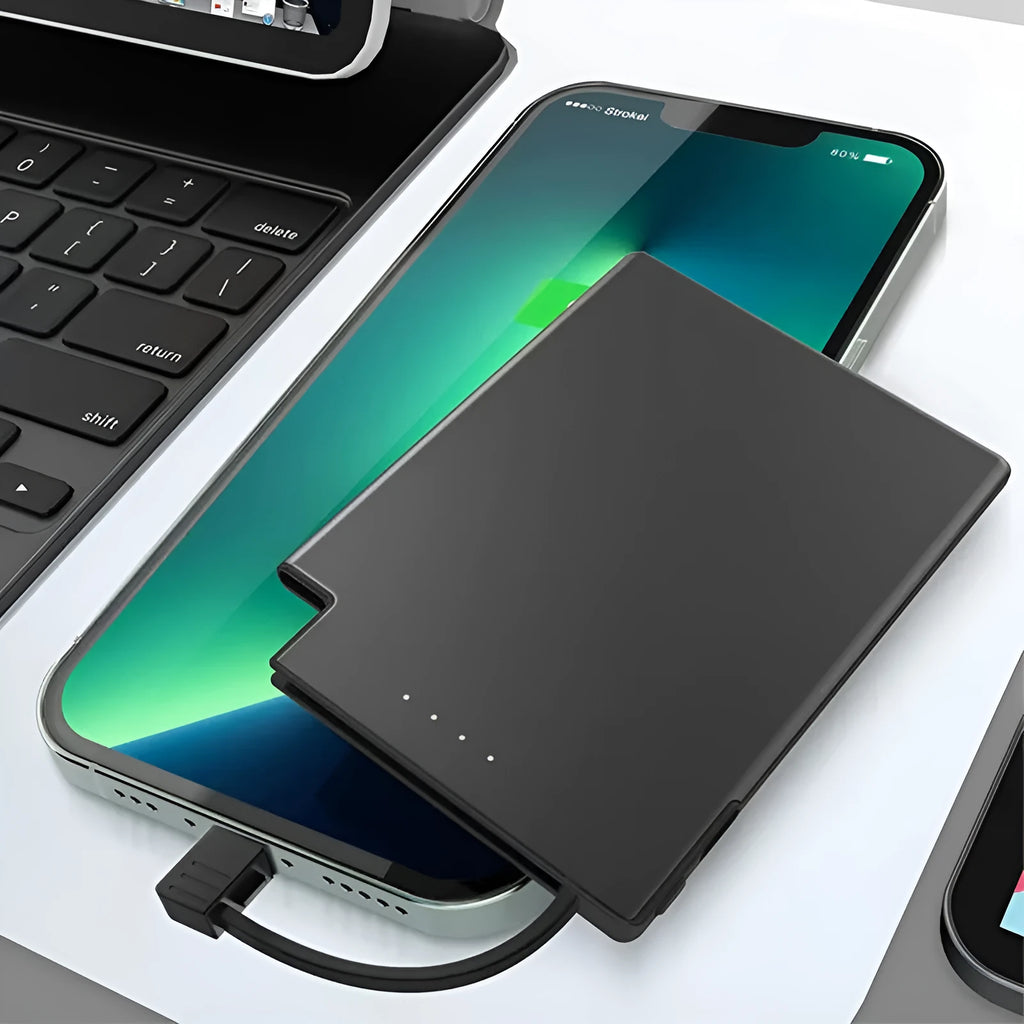 Ultra-thin black portable power bank with built-in cable, 2600mAh to 5000mAh, stainless steel PC TPE shell