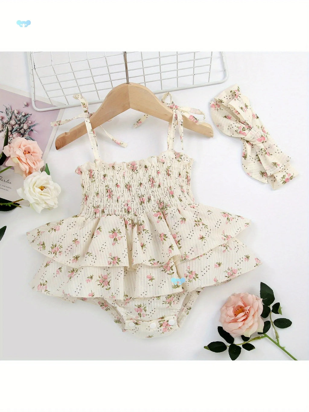 Beige corduroy rabbit fur A-line suspender skirt jumpsuit set for newborn baby girl with white T-shirt and headband