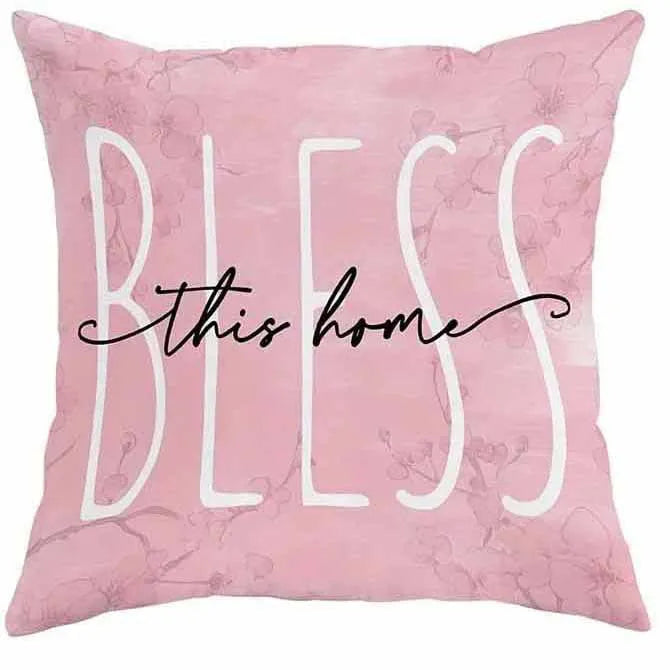 45cm square short velvet cushion cover with spring cherry blossom and letter print in assorted colours.