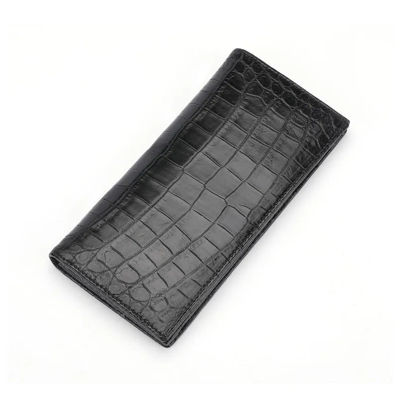 Black genuine cowhide leather business bifold wallet with card slots, ID window, and coin pocket