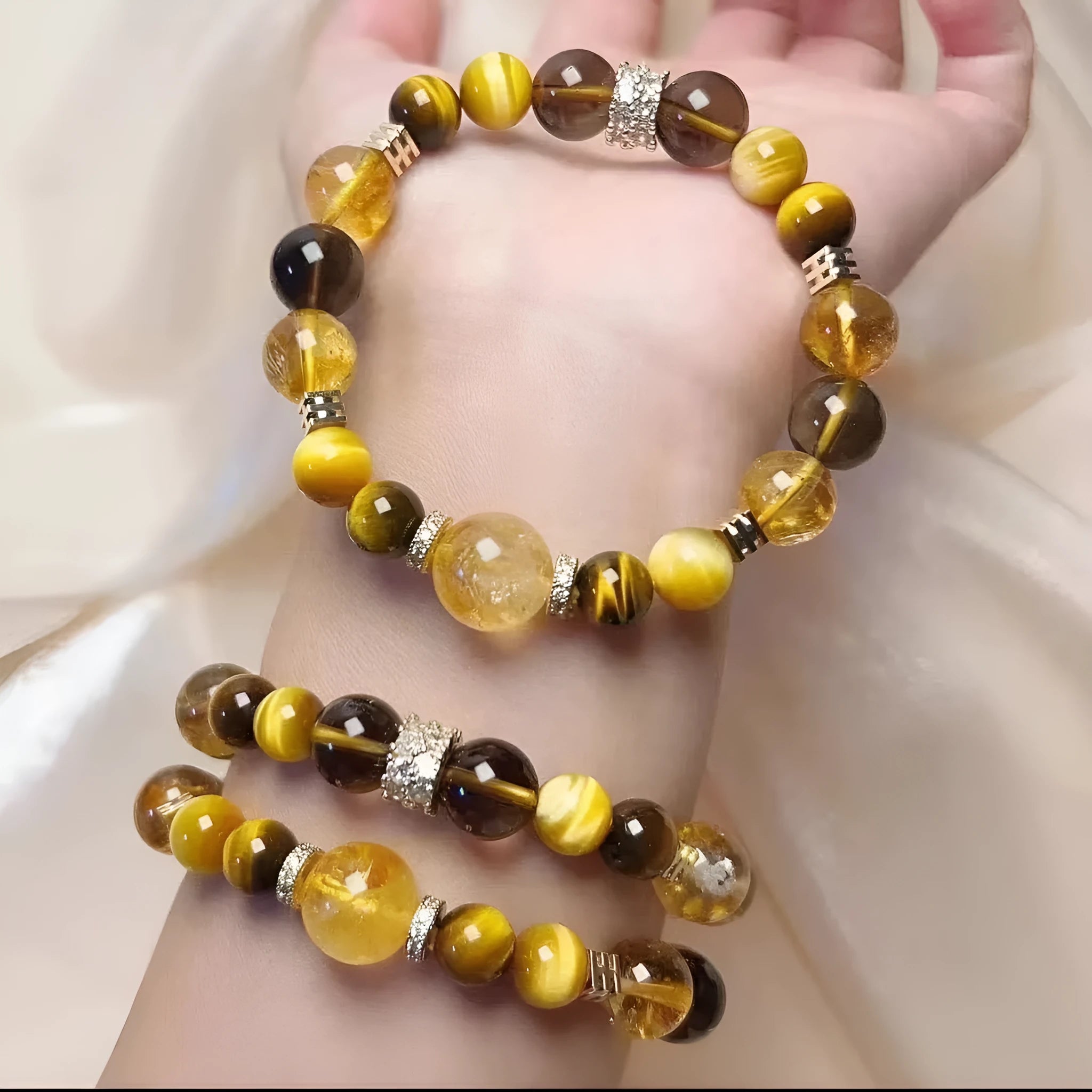 Natural yellow artificial crystal bead bracelet with 10mm Jinba beads in tower string design