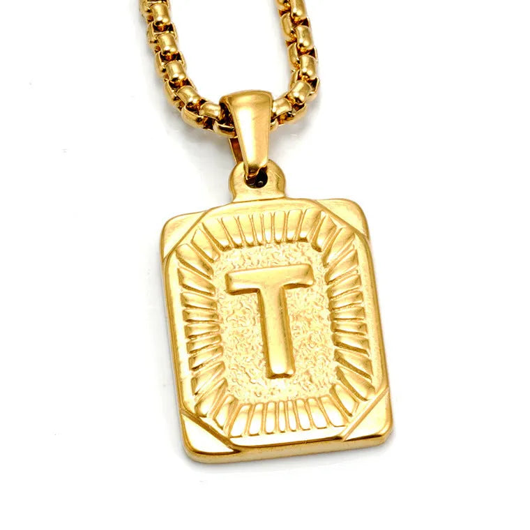 Gold-plated 18K titanium steel letter pendant necklace with pearl chain, gold colour, unisex design