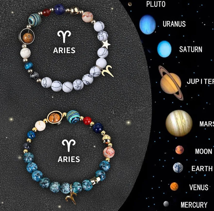 Set of twelve natural stone bead zodiac bracelets showing different star sign designs with adjustable strings