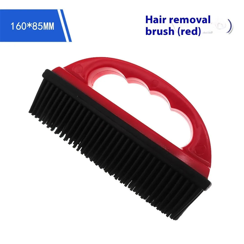 Red pet hair removal brush for grooming and carpet cleaning, dimensions 160mm by 85mm