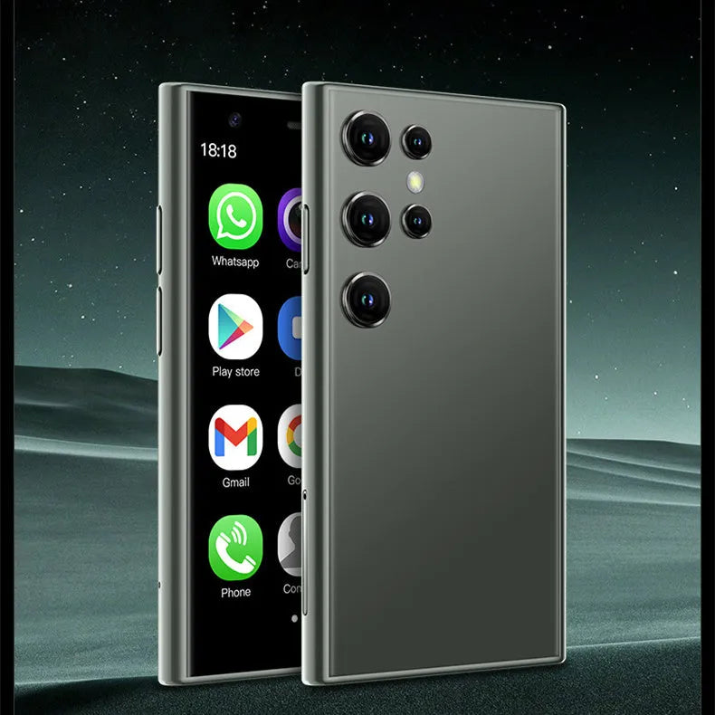 Black mini Android smartphone with 30cm screen showing home screen interface