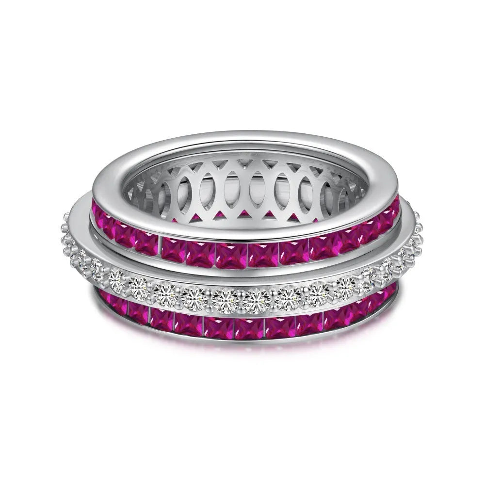 Rotary decompression ring S925 sterling silver with diamond inlay, geometric round shape, women's size 7 blue colour