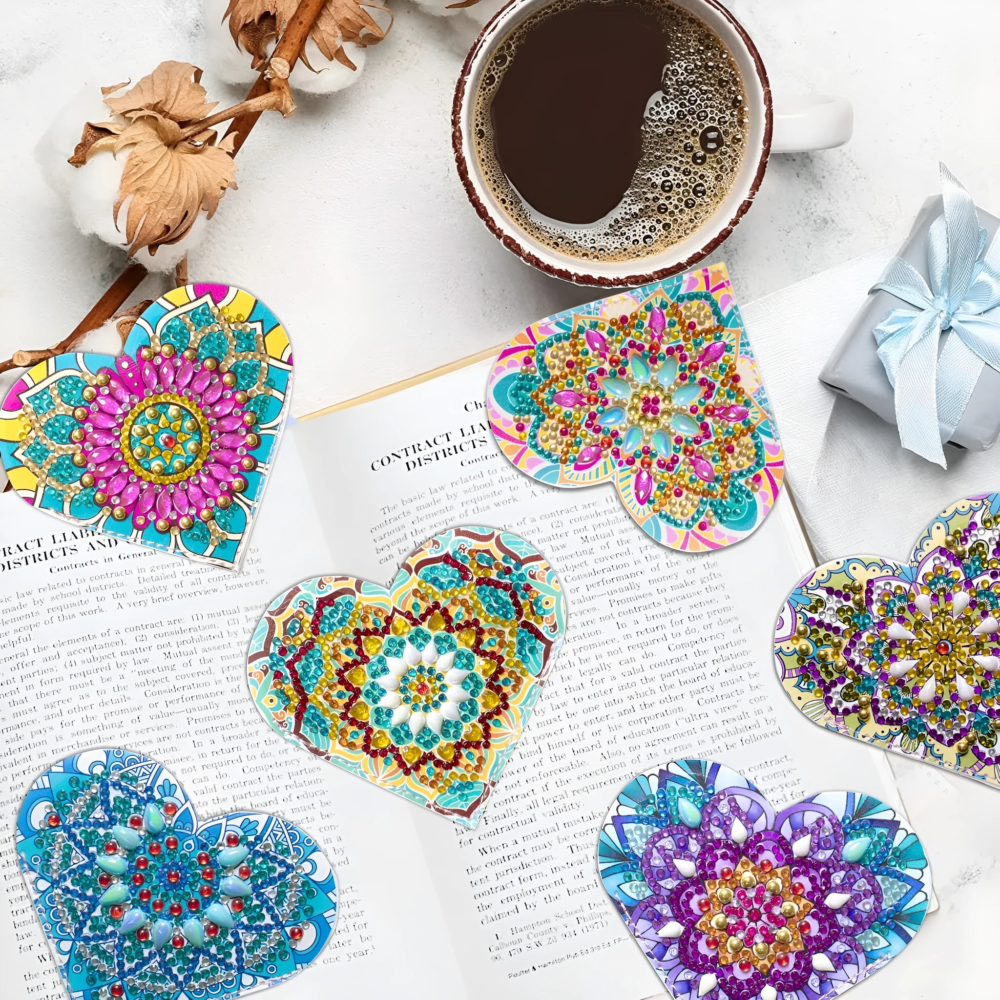 Six handmade PU leather corner bookmarks with crystal accents and flower designs
