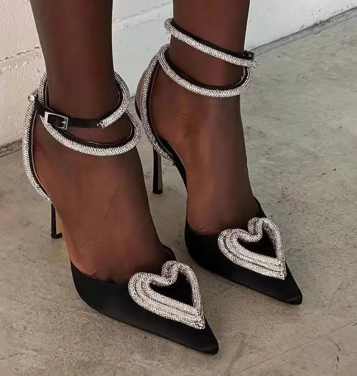 Women's pointed toe sandals with heart-shaped rhinestone decoration on satin upper with winding straps