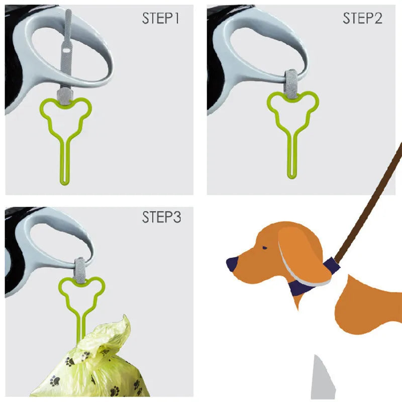 A coloured hands-free dog poop bag holder with a fixed clip and velcro strap attached to a dog leash.