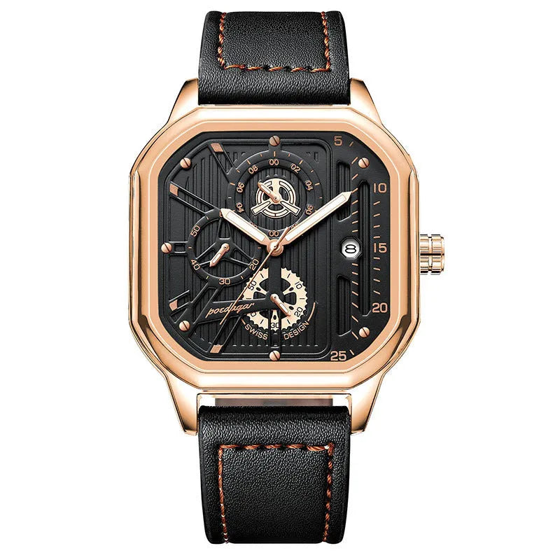 Men's slim 8mm quartz watch with belt-style strap in gold or silver shell options