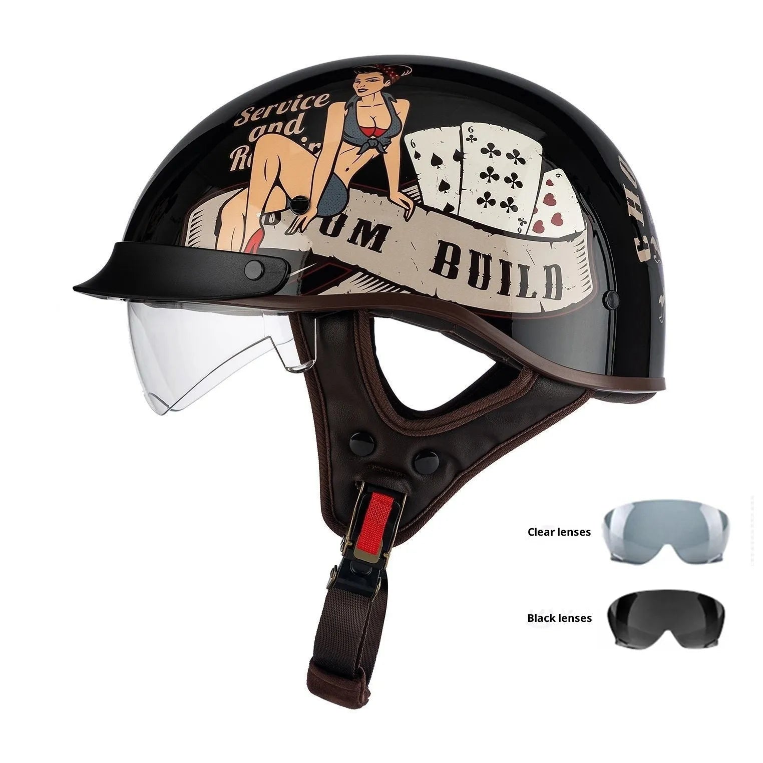 Retro electric motorcycle helmet in bright black with whiskers design on side and front vents