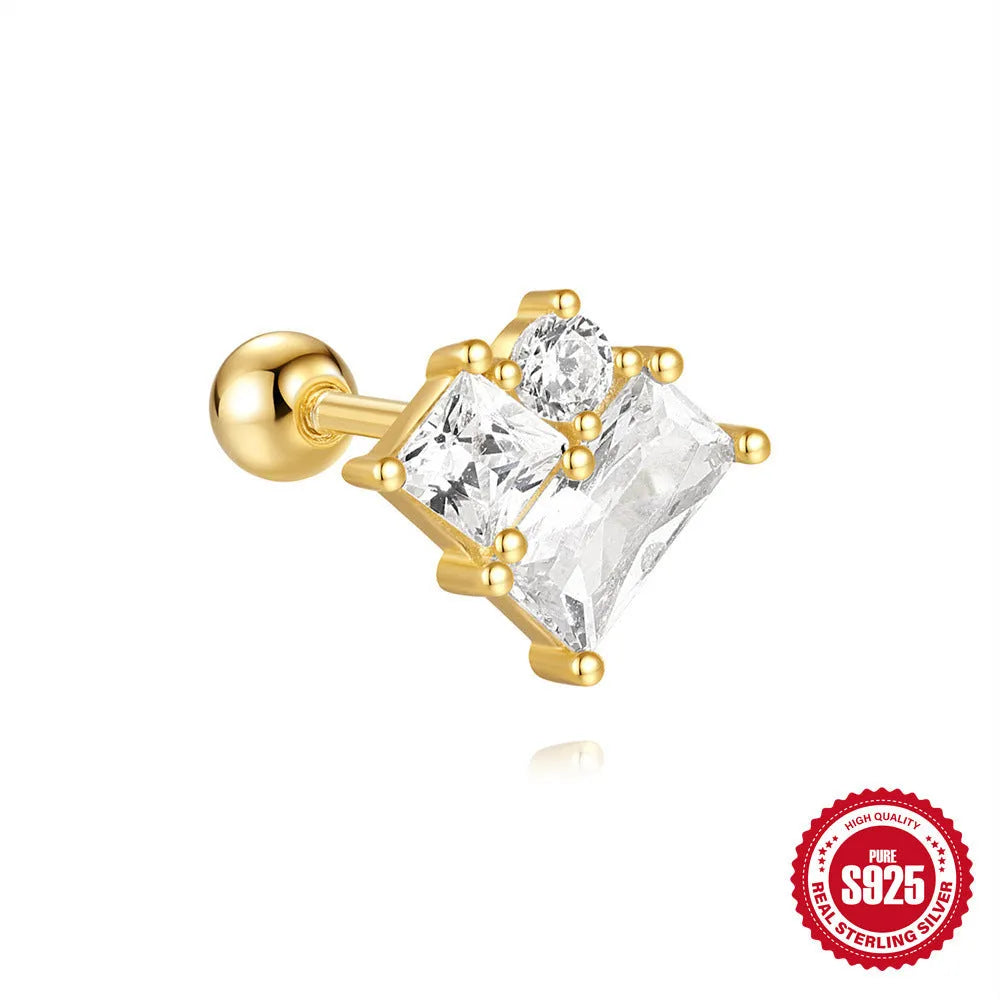 Close-up of S925 sterling silver square gravel flower stud earrings with a golden electroplated finish.