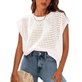 White women's crochet cover sleeve pullover sweater with round neckline