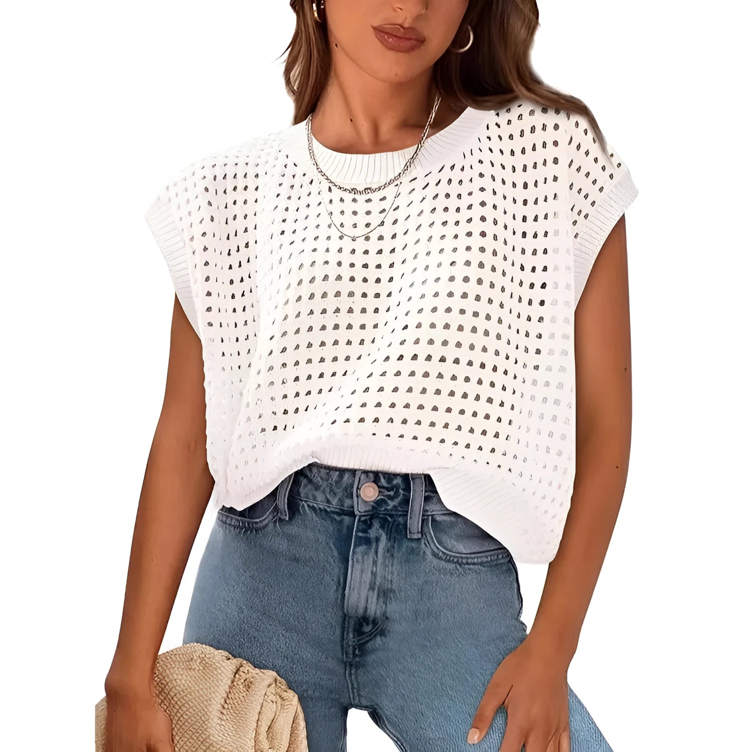 White women's crochet cover sleeve pullover sweater with round neckline