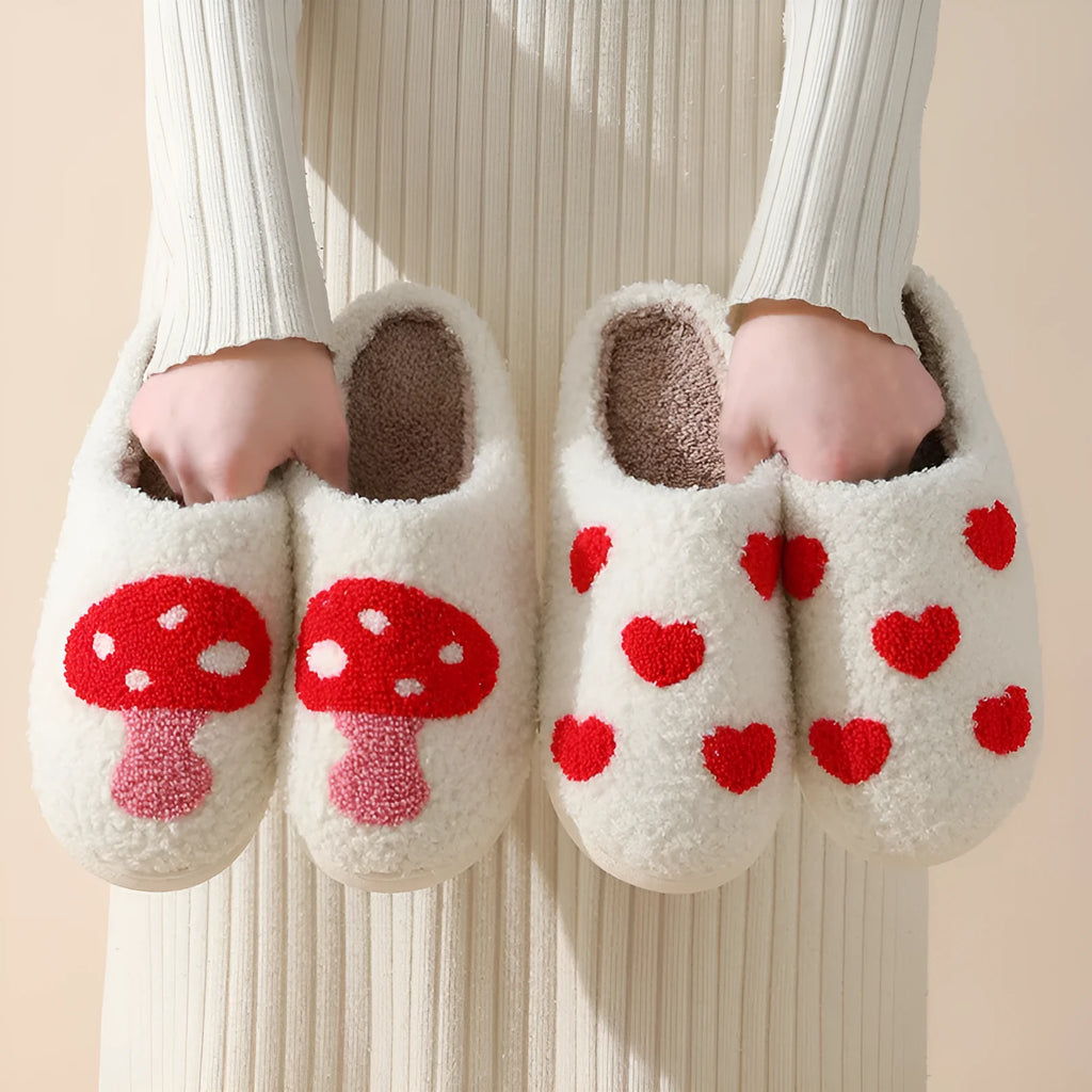 Women's plush slippers with cartoon love patterns and PVC non-slip soles in multiple colour options