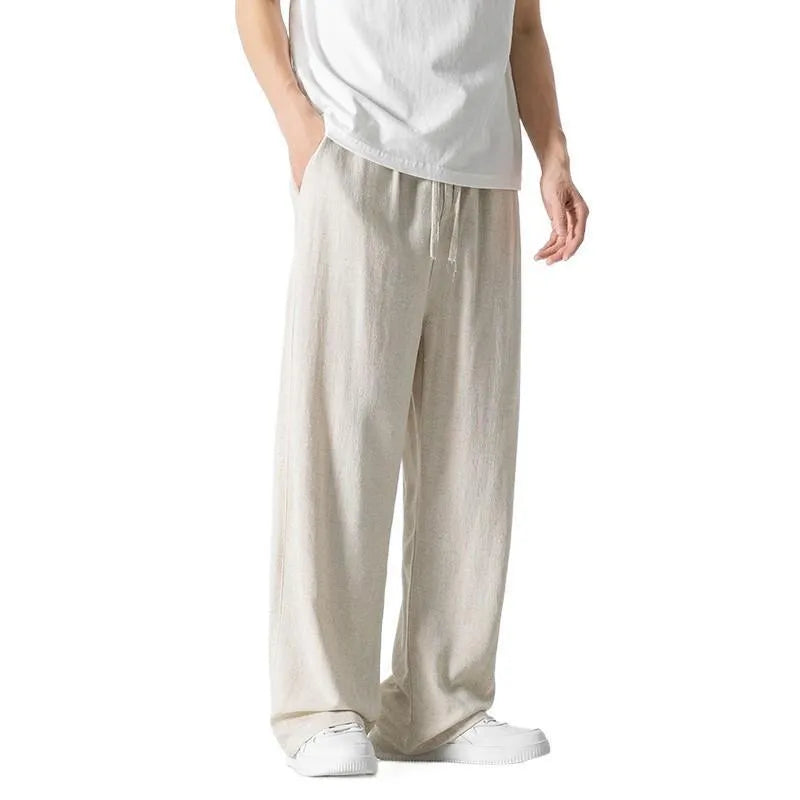 Men's bamboo fibre linen trousers with drawstring waist in straight-leg cut