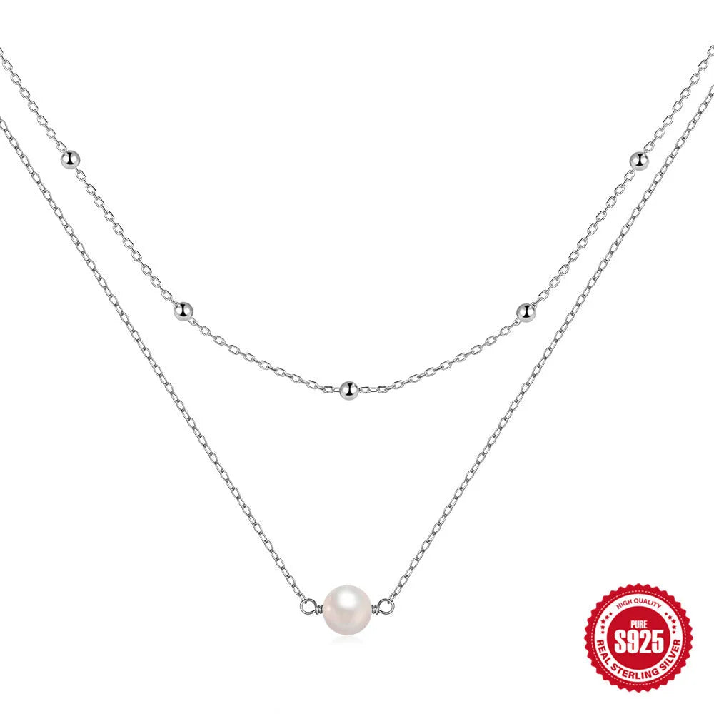 S925 sterling silver double layer necklace with twin geometric pearls in gold or white gold colour options