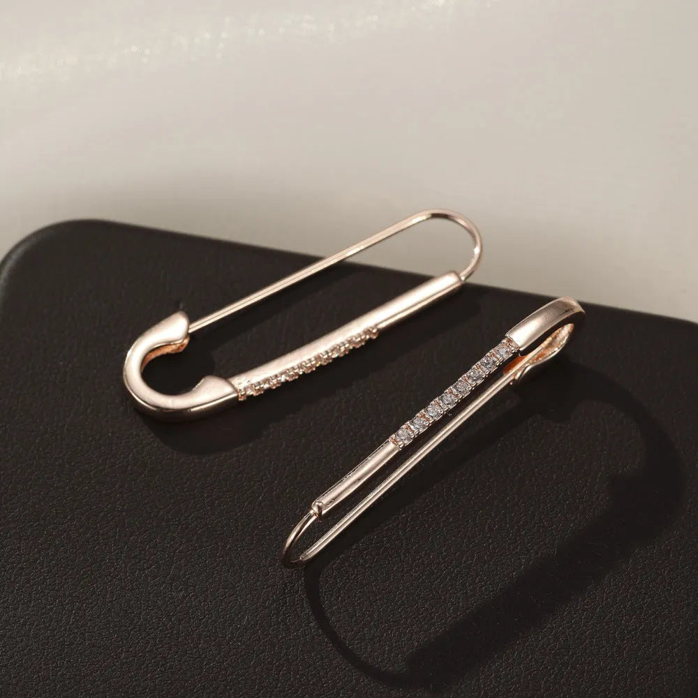 Rose gold copper pin earrings with geometric asymmetric shape and inlaid zircon for women