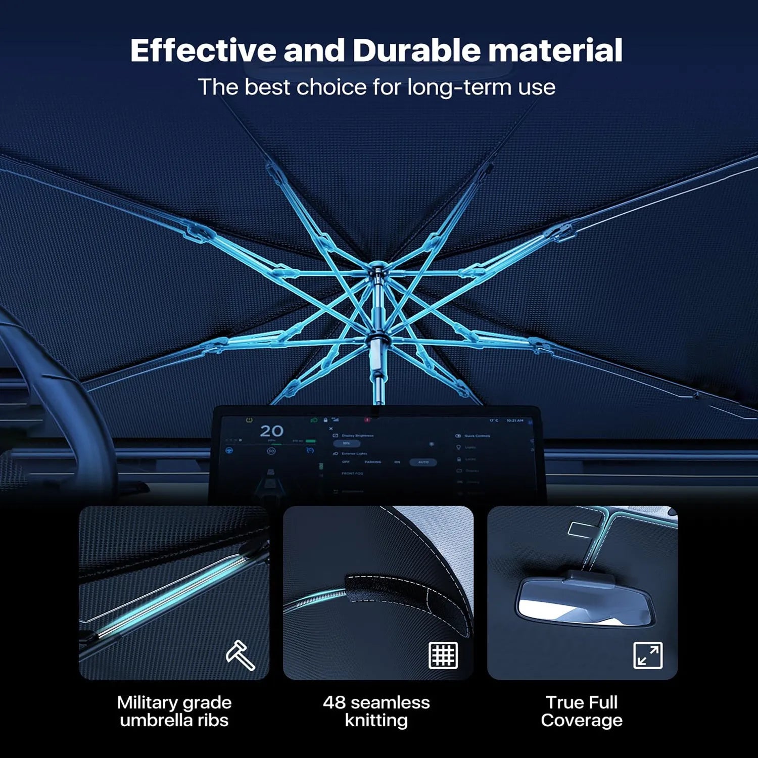 Silver windshield sun shade umbrella with spring structure edge for car interior sun protection