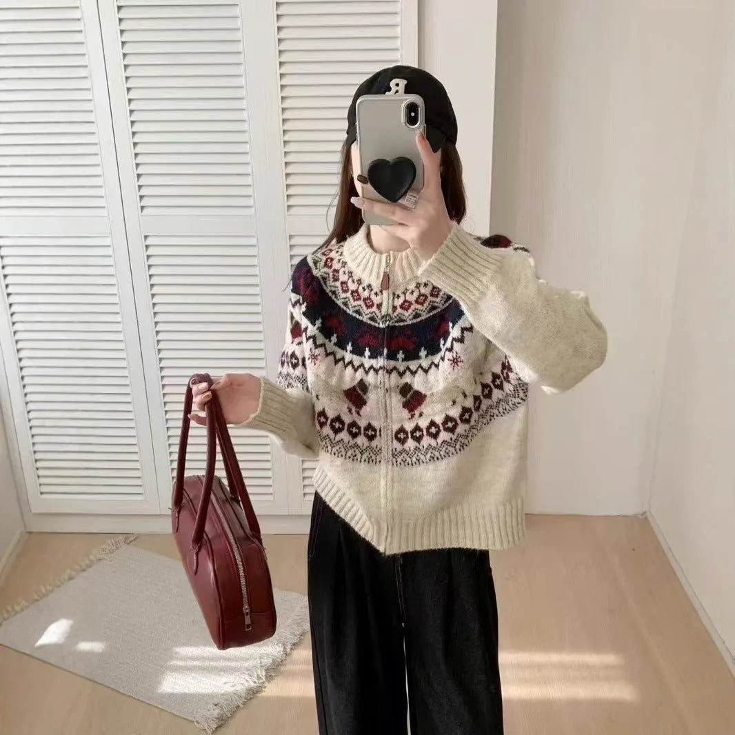 Ethnic style jacquard pullover sweater with 3D pattern in loose fit showing apricot and navy blue colour options