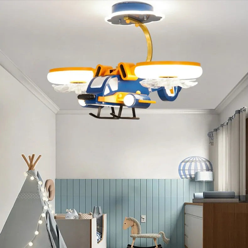 Smart Fighter Boy ceiling fan light with metal blades and acrylic lampshade in yellow and blue for large bedrooms