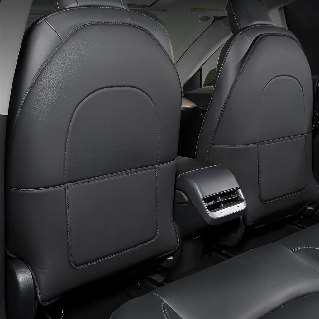 Black leather rear anti kick pad for car seat protection, showing single pocket and full coverage design