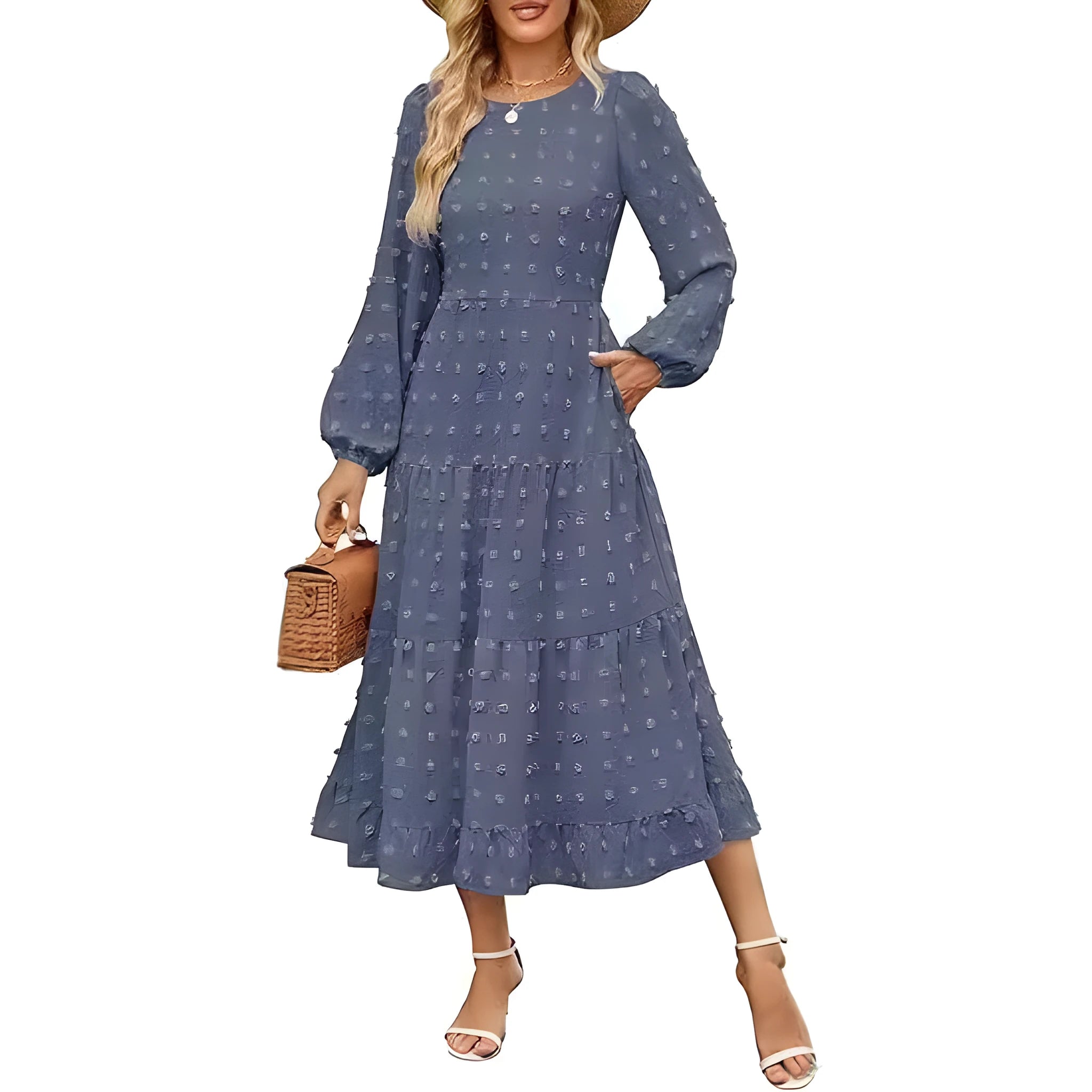 Women's solid colour long sleeve dress with ruffled sleeves and high waist in autumn colours