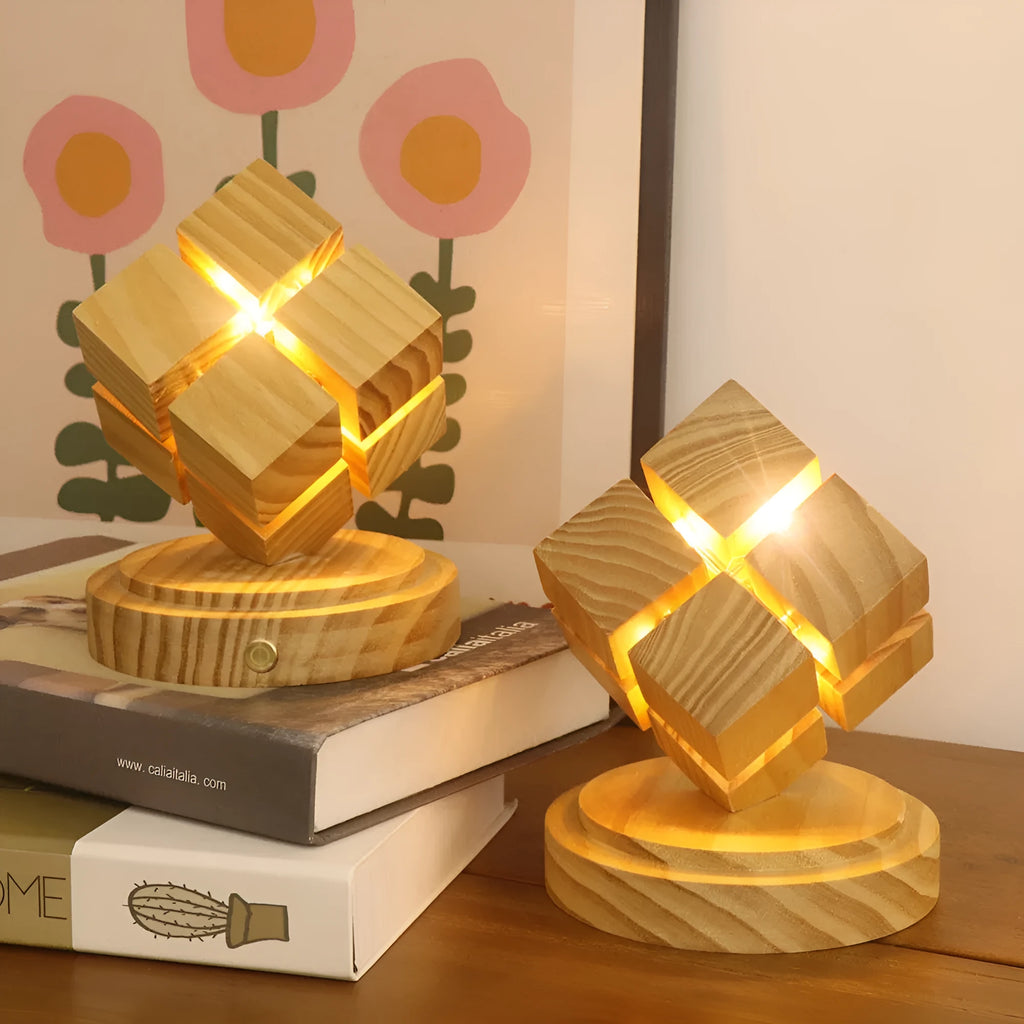 Creative fourth-order Rubik's Cube geometric stereo night lamp with rubber wood shade on bedside table