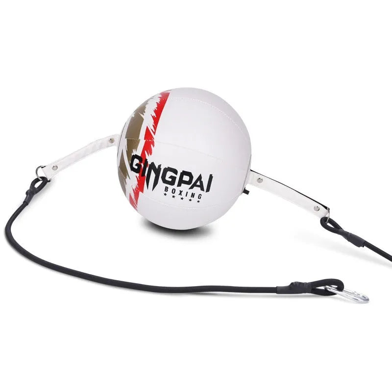 Black hanging boxing speed ball made of PU leather for reaction training.
