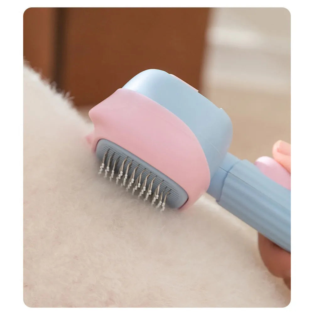 Blue double-sided pet grooming brush with deshedding rake and dematting comb on a wooden surface.