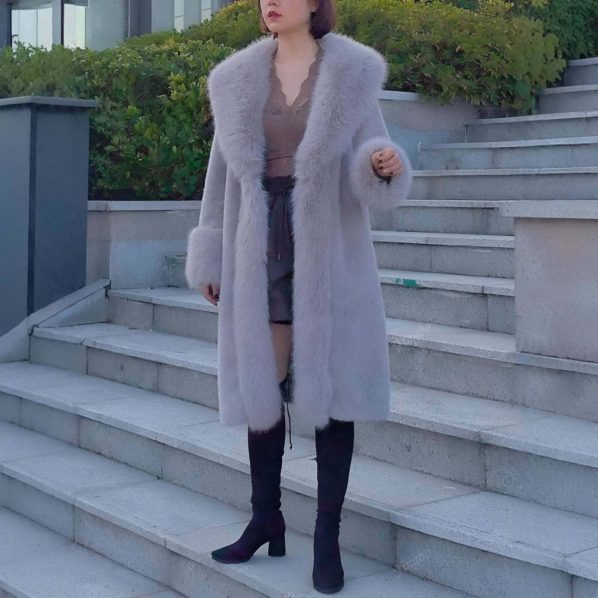 Women's grey thick faux rabbit fur mid-length coat with a fur collar on a hanger.