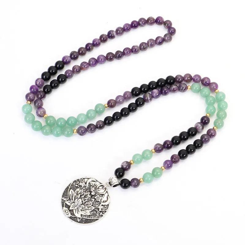 Yoga lotus pendant necklace and bracelet set with handmade stone beads and geometric alloy pendant