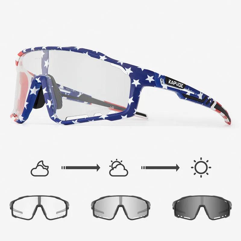 Photochromic cycling sunglasses with a semi-rimless TR90 frame shown in one of fourteen colour options.