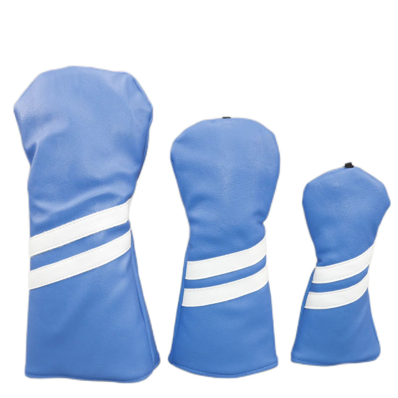 Blue golf club head cover with two white diagonal stripes, shown alongside red and black versions.