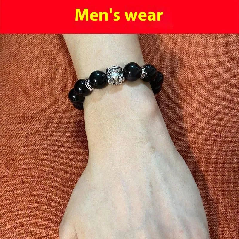 Obsidian bracelet with silver clasp showing male 12MM and female 10MM size options