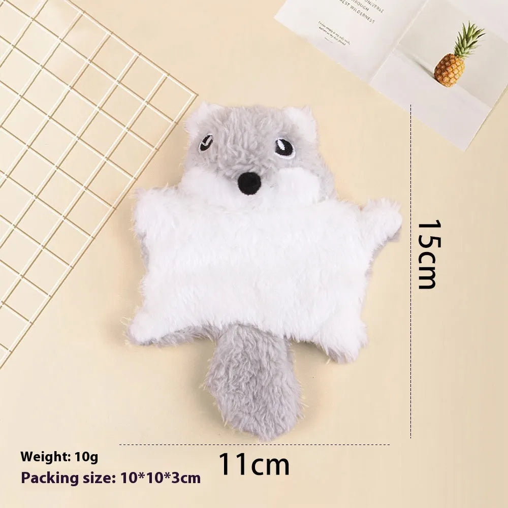 Plush flying squirrel cat teaser toy in brown with ringing paper sound feature