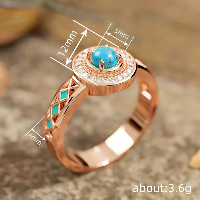 Women's turquoise ethnic style ring with oil micro inlaid zircon in rose gold geometric design